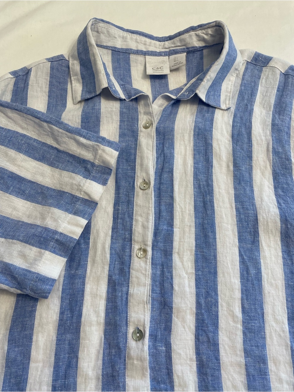C&C California Coastal Blue White Striped Linen Button Down Shirt Women’s Large
